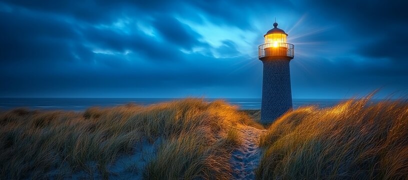 Illuminated lighthouse on a beach at night with dramatic sky.