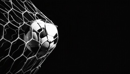 Dynamic Close-Up of Soccer Ball Hitting the Goal Net in Dramatic Black and White. Perfect for Concepts of Victory, Scoring Goals, Team Spirit, Football Action, and Intense Sports Moments