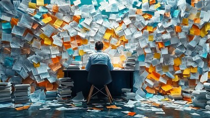 A man sits at a desk with a pile of papers surrounding him - Powered by Adobe