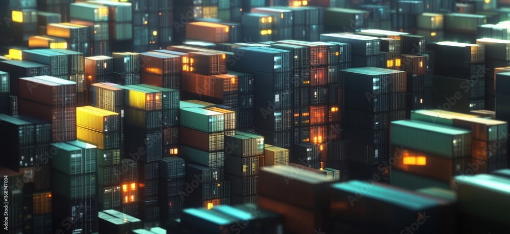 Poster vast container port at night with illuminated shipping containers and cargo stacks, copy space for t