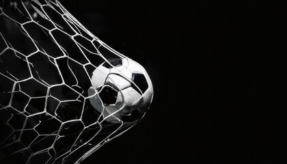 Dynamic Close-Up of Soccer Ball Hitting the Goal Net in Dramatic Black and White. Perfect for Concepts of Victory, Scoring Goals, Team Spirit, Football Action, and Intense Sports Moments
