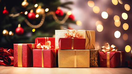 Gift boxes with gold ribbon, background with bokeh lights and Christmas tree