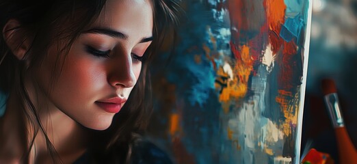 Portrait of Young Woman with Artistic Background, Soft Lighting, and Expressive Features, Capturing Creativity and Inspiration, copy space for text