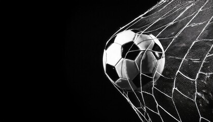 Dynamic Close-Up of Soccer Ball Hitting the Goal Net in Dramatic Black and White. Perfect for Concepts of Victory, Scoring Goals, Team Spirit, Football Action, and Intense Sports Moments