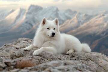Majestic White Dog Overlooking Snowy Mountain Range