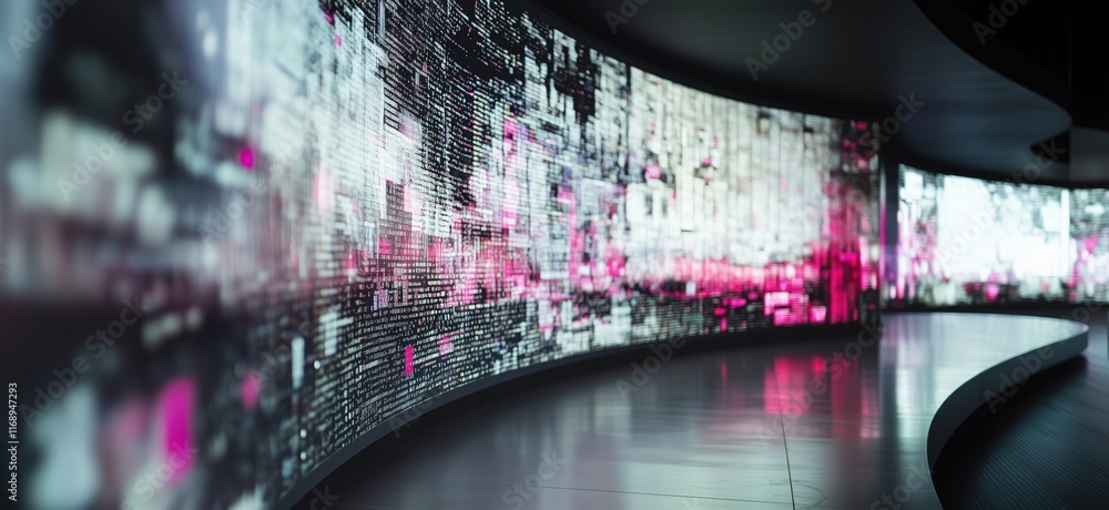 Poster digital art installation with curved led screens displaying abstract patterns and colors, copy space