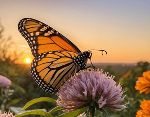 Fototapeta premium A monarch butterfly perched on a colorful flower at sunset