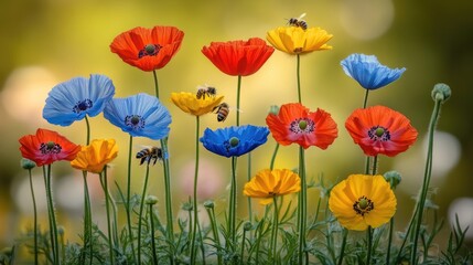 Fototapeta premium Vibrant flowers with bees in a sunny garden setting