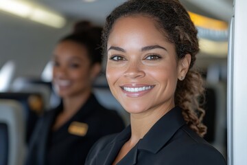 Friendly flight attendants in an aircraft smile warmly, promoting customer service excellence and a warm travel atmosphere in a professional airline environment.
