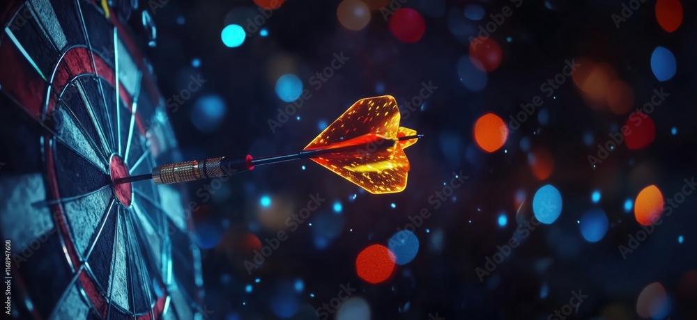Poster dart hitting bullseye on dartboard with vibrant bokeh background, showcasing precision and focus in 