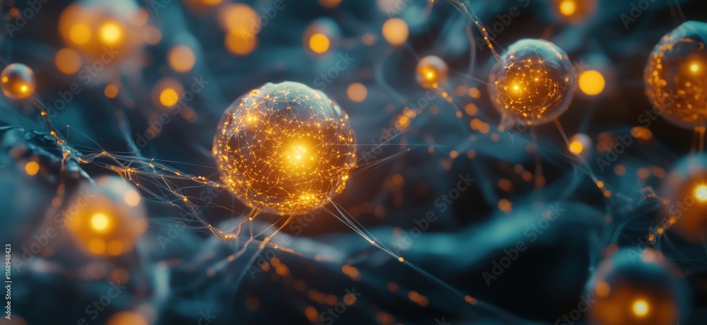 Poster abstract representation of interconnected glowing spheres symbolizing neural networks and data conne