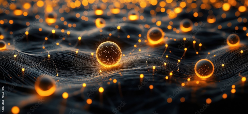 Poster glowing orbs in dark fluid network, illuminated by warm orange light, creating a mystical atmosphere