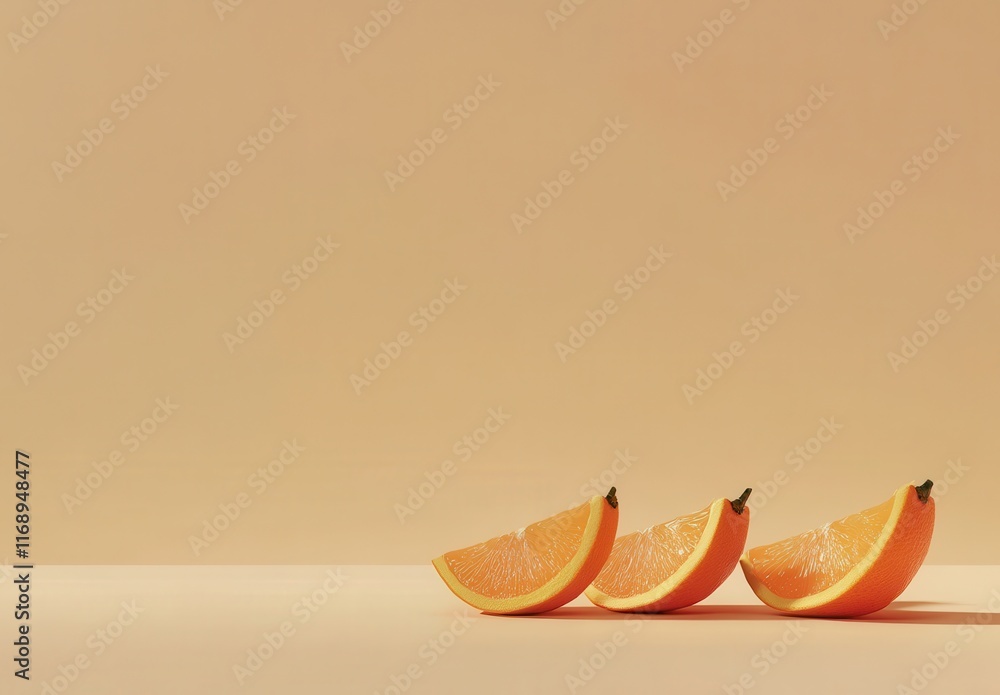 Poster fresh orange slices arranged neatly on a minimalist surface with soft warm background, ideal for hea