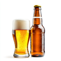 Refreshing Beer Served in a Glass Alongside a Chilled Bottle on a White Background for Casual Enjoyment