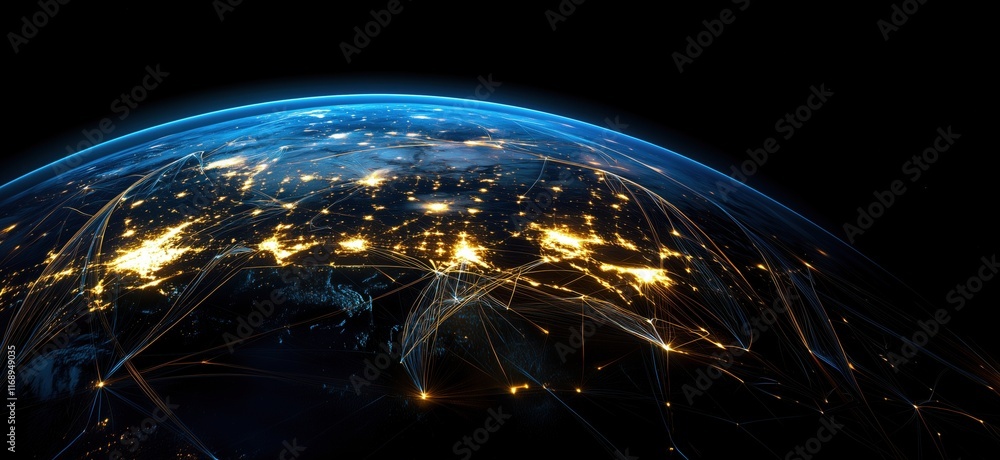 Poster global connectivity network illuminated by lights and data streams over earth at night, copy space f