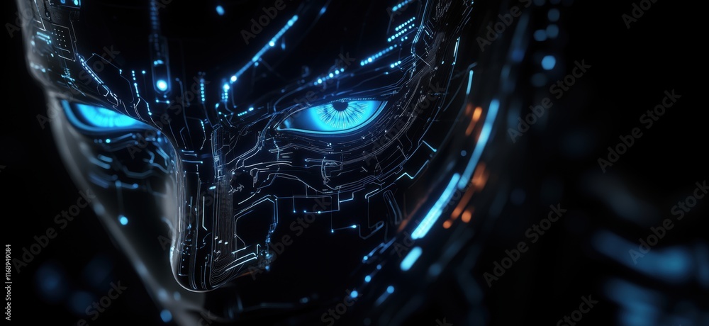 Poster futuristic robotic face with glowing blue eyes and intricate circuitry design, showcasing advanced t