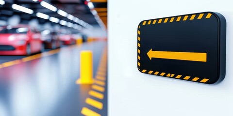 vehicle requirements concept. Parking sign with arrows in a modern garage setting.