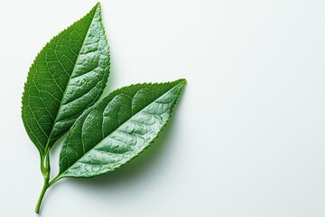 Obraz premium birdseye view of a fresh green tea leaf lying on a pristine white background showcasing its vibrant color and delicate structure emphasizing purity and natural beauty in a minimalist style