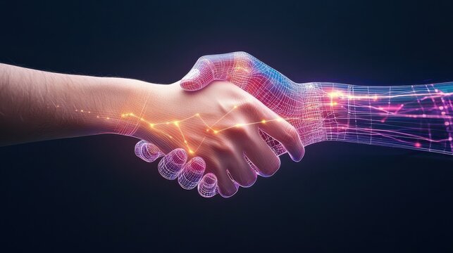 Digital hands shaking, symbolizing collaboration between humans and technology.