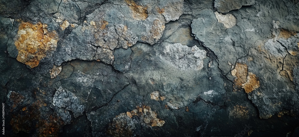 Poster textured surface of weathered stone with cracks and rust-like patches, showcasing a blend of gray, b