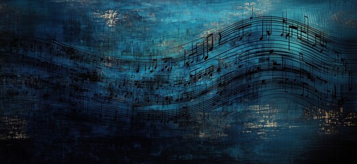 Musical notes flowing across textured blue background, abstract art representation of music and sound waves, copy space for text