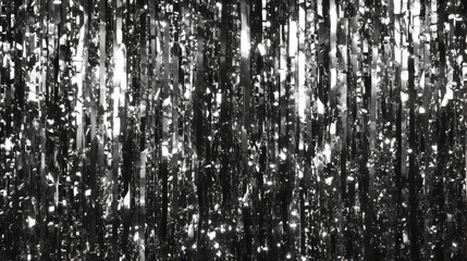 Shimmering metallic tinsel creates striking black and white backdrop, perfect for festive occasions or artistic displays. reflective surfaces add depth and texture to any setting