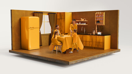 A family of four sharing a meal in a retro-style yellow kitchen, showcasing warm tones and nostalgic vibes. 3D model of room. Concept of family bonding and cozy home life.