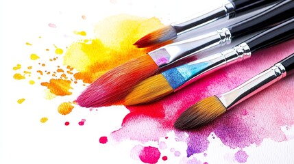 Dynamic paintbrush trio, vibrant colors exploding on white canvas for artistic expression