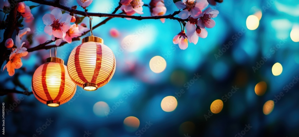 Poster cherry blossom branch with lanterns illuminated by soft bokeh lights, creating a serene nighttime at