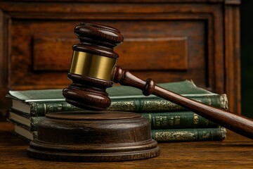 Classic wooden gavel on a judge's desk with law books