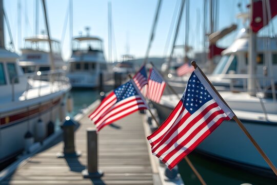 A fishing dock with small American flags tied to the railings and boats.