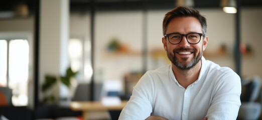 Smiling man with glasses in modern office environment, showcasing professionalism and approachability, copy space for text