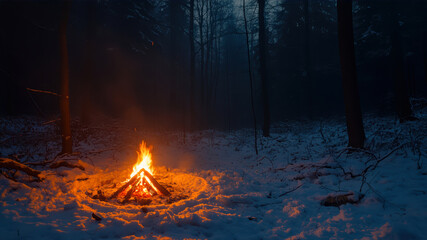 Glowing Campfire Illuminates Snowy Forest Landscape During Nighttime in a Secluded Woodland Area