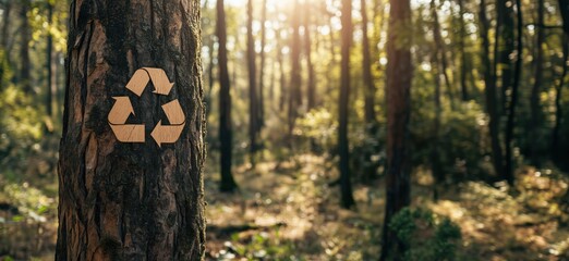 Fototapeta premium Recycling symbol carved into tree trunk in lush forest, sunlight filtering through trees, promoting environmental awareness and sustainability, copy space for text