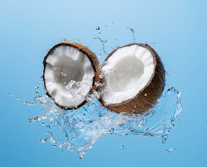 Fresh coconuts splashing under the vibrant blue sky, surrounded by sparkling water droplets in a dynamic scene, embodying tropical refreshment and pure freshness. Created using generative AI