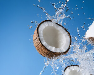 Fresh coconuts splashing under the vibrant blue sky, surrounded by sparkling water droplets in a dynamic scene, embodying tropical refreshment and pure freshness. Created using generative AI