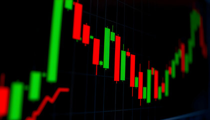 stock market chart, candlestick graph, red and green bars, financial data visualization, trading screen, black background, neon colors, digital display, economic indicators, market volatility, investm