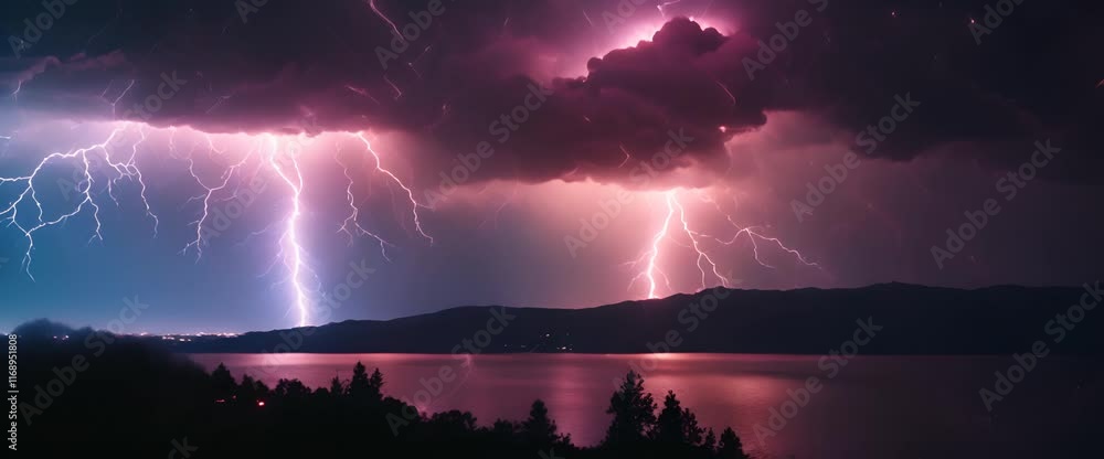 Poster lightning discharge and light effects in the clouds thunderclouds in bright flashes of lightning bad