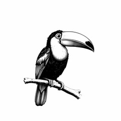 Fototapeta premium Toucan in Monochrome: A striking illustration of a toucan perched on a branch, rendered in elegant black and white. The detailed ink drawing showcases the bird's vibrant features and unique beak.