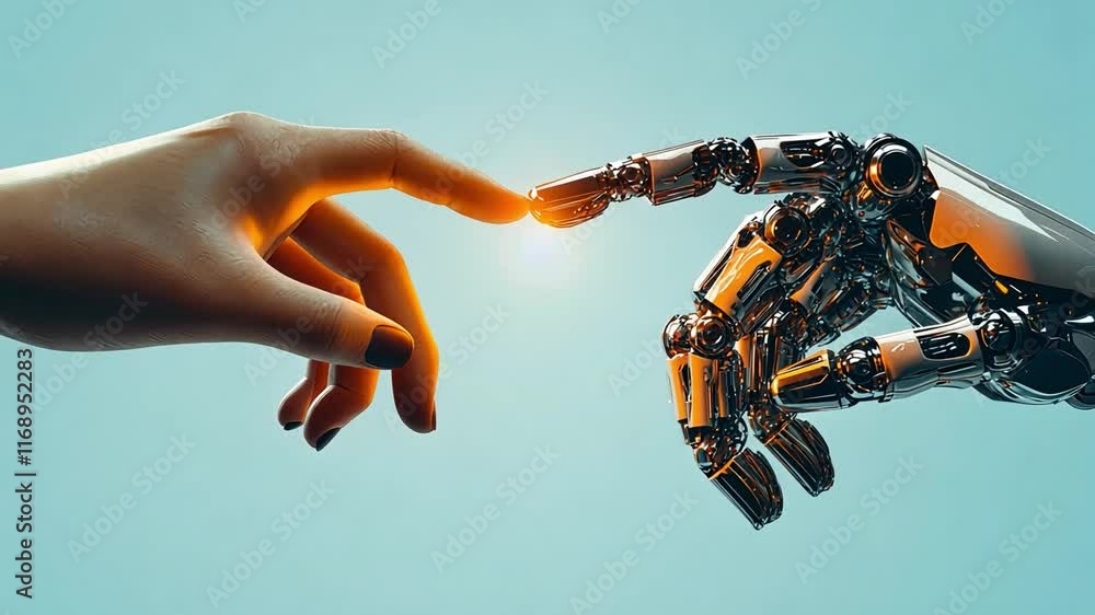 Aufkleber index finger of human's hand touching index finger of robot's hand symbolizing interaction between h