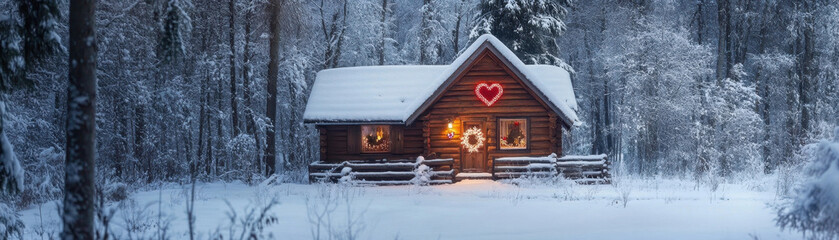 Cozy Winter Cabin with Heart Shaped Wreath in Snow Covered Forest Landscape