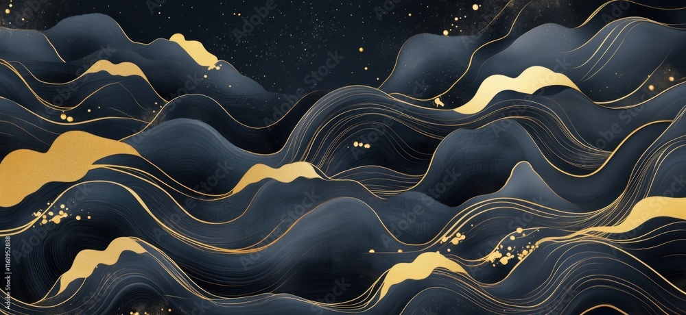 Poster abstract waves in dark tones with golden accents, flowing lines and textures create a mesmerizing vi