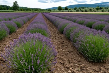 Fototapeta premium A beautiful view of lavender rows set against a dramatic, cloudy sky, illustrating the contrast between the vibrant colors of nature and the moodiness of the overcast weather.