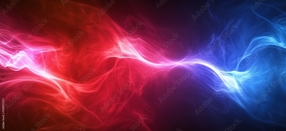 Poster abstract swirling red and blue smoke waves creating dynamic energy flow, vibrant colors blending in 