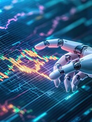 Obraz premium A robotic hand interacts with digital financial data and stock market graphs.