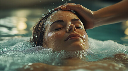 Person receiving water therapy with therapist support, symbolizing healing and relaxation.
