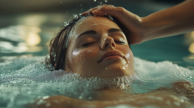 Person receiving water therapy with therapist support, symbolizing healing and relaxation.
