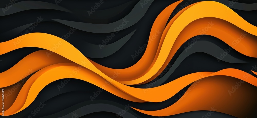 Poster Abstract wavy pattern in black and orange colors, showcasing dynamic curves and layers, creating a modern and stylish design, copy space for text