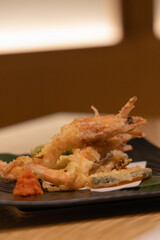 Japanese tempura shrimp and vegetables, photographed in Fukuoka, Japan