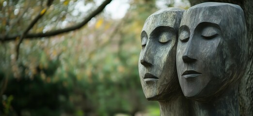 Obraz premium Wooden sculptures of two serene faces representing harmony and connection in nature, surrounded by blurred greenery and autumn foliage, copy space for text